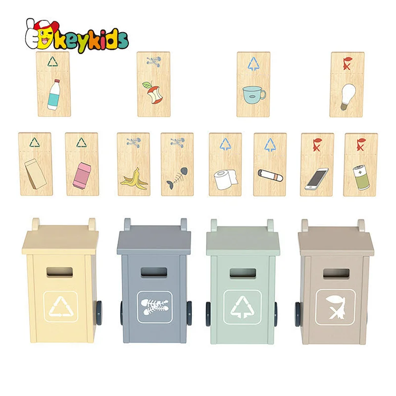 Montessori Waste Management Recycling Truck Wooden Garbage Truck Toy with 4 Trash Cans W04A603