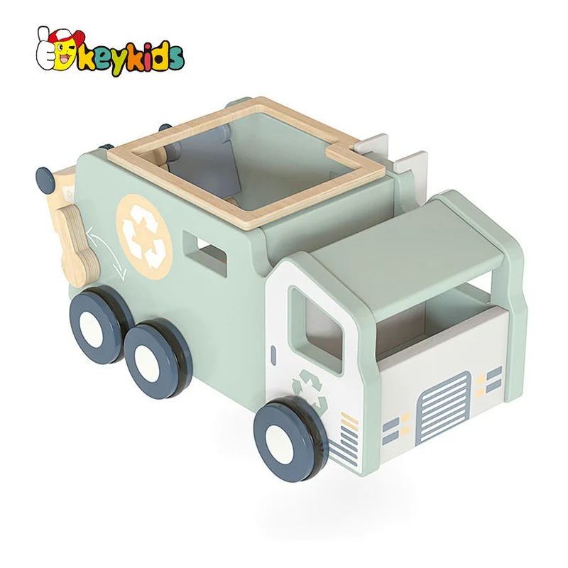 Montessori Waste Management Recycling Truck Wooden Garbage Truck Toy with 4 Trash Cans W04A603
