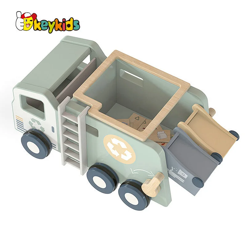 Montessori Waste Management Recycling Truck Wooden Garbage Truck Toy with 4 Trash Cans W04A603